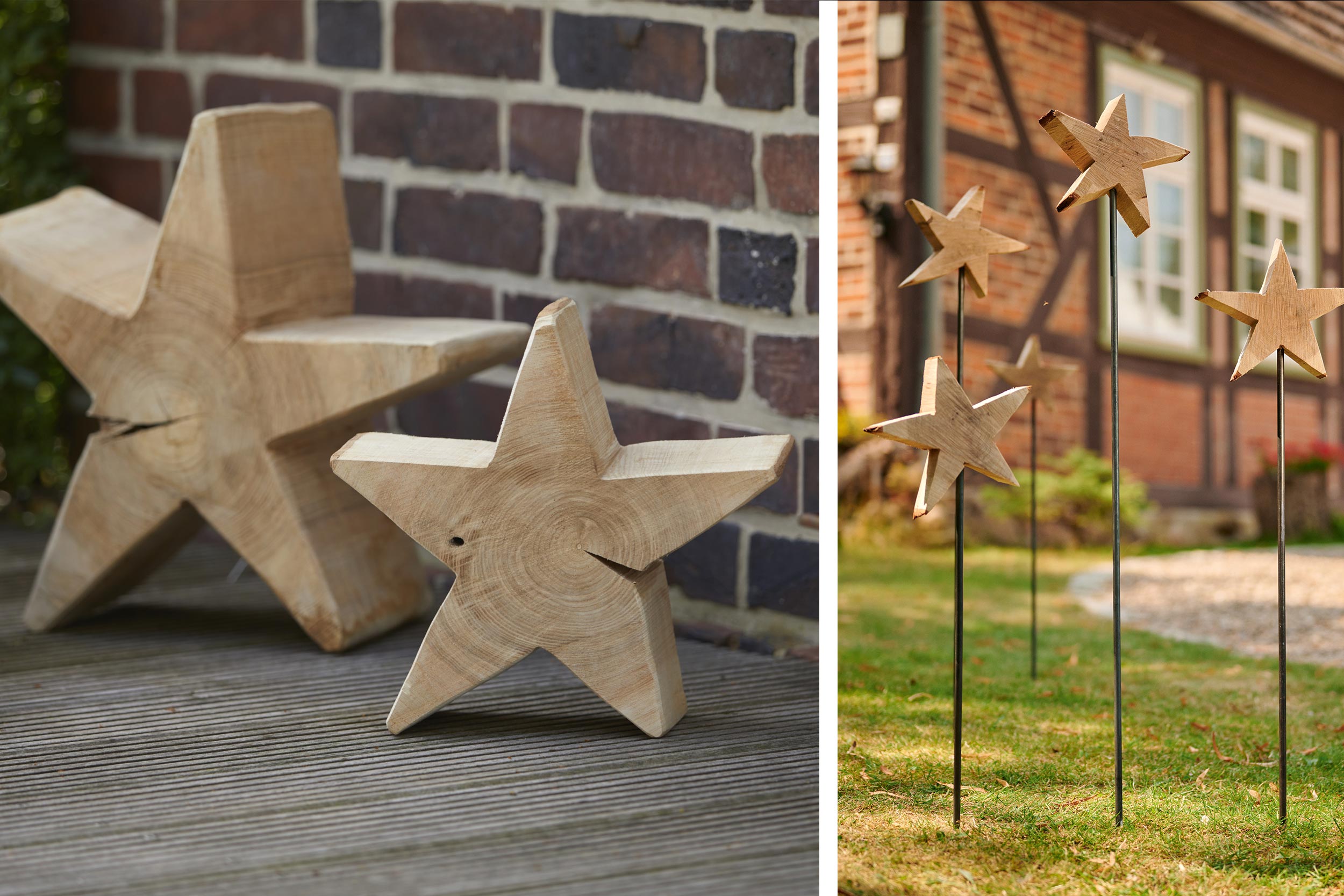 Colagem: Estrela de bricolage em madeira em frente de uma parede de tijolo e estrelas numa estaca em frente de uma casa