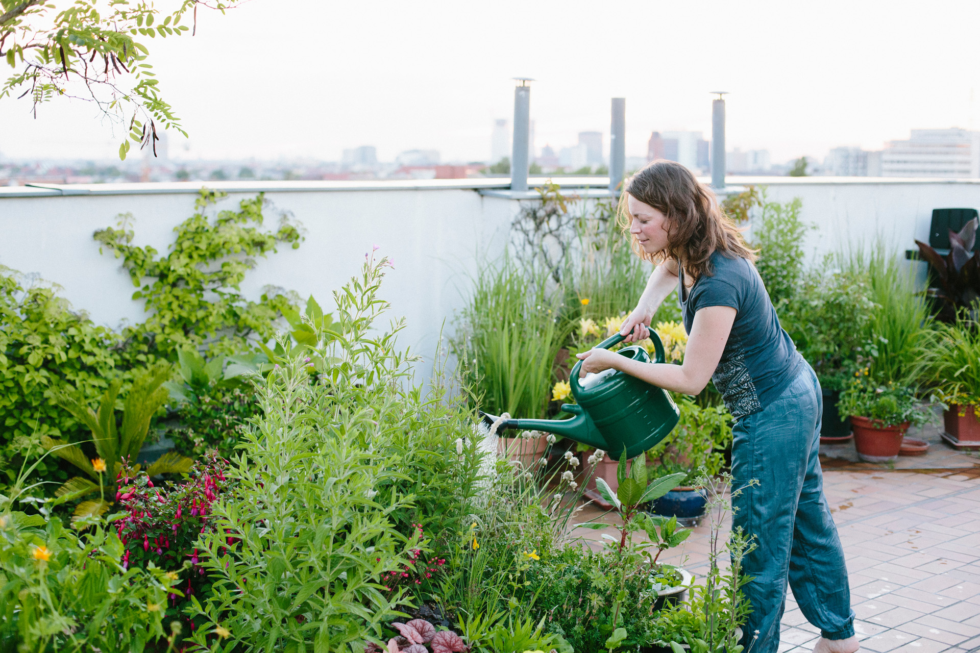 Design de terraços: mulher a regar plantas num terraço