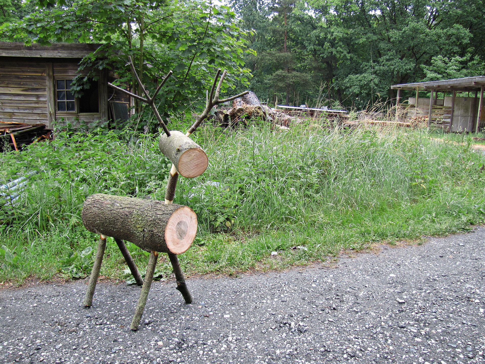 Rena de toro de bricolage em frente a relva verde e a um abrigo – exemplo de construção de rena de madeira