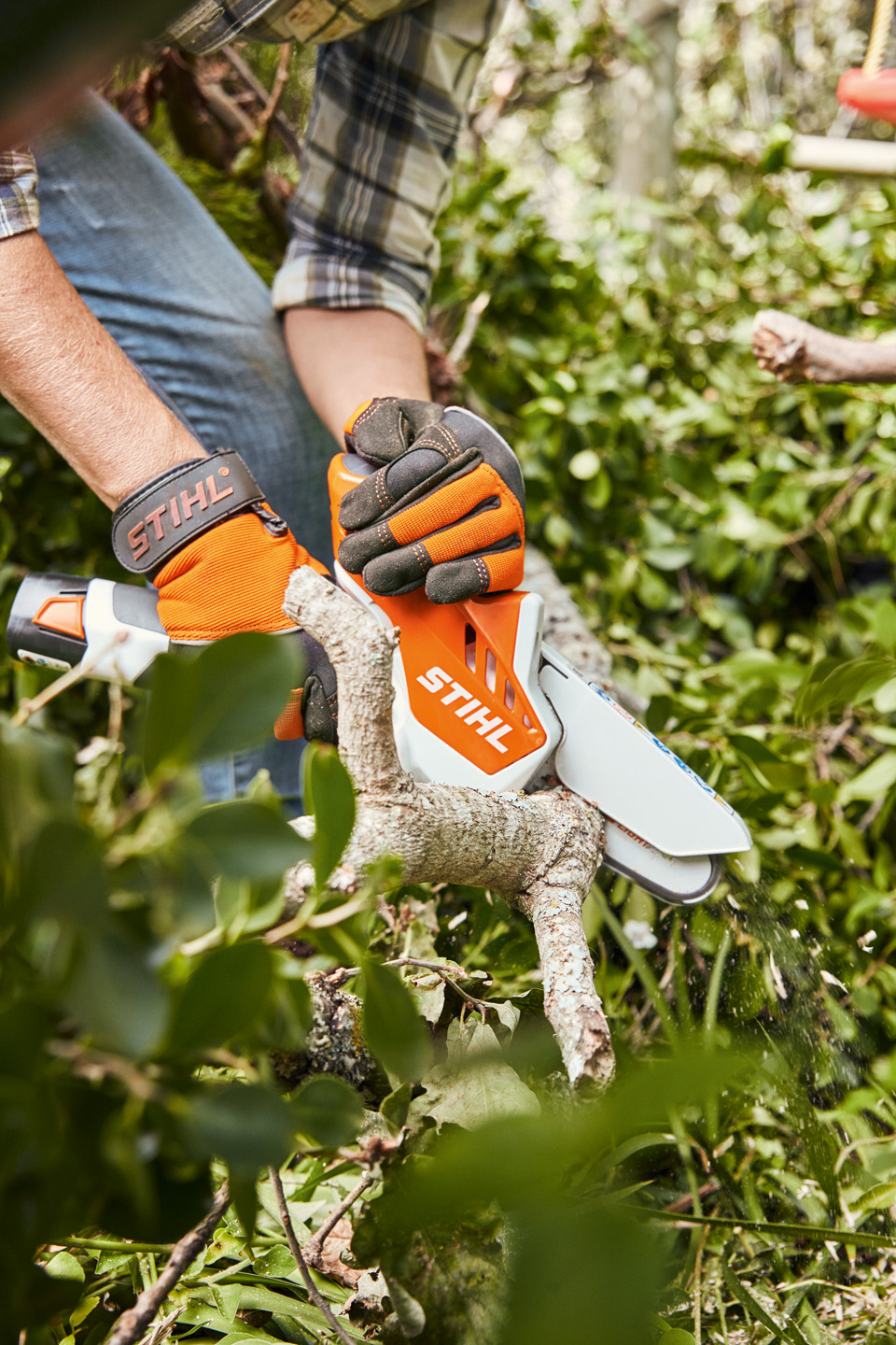 Um ramo a ser cortado com a minipodadora de corrente STIHL GTA 26