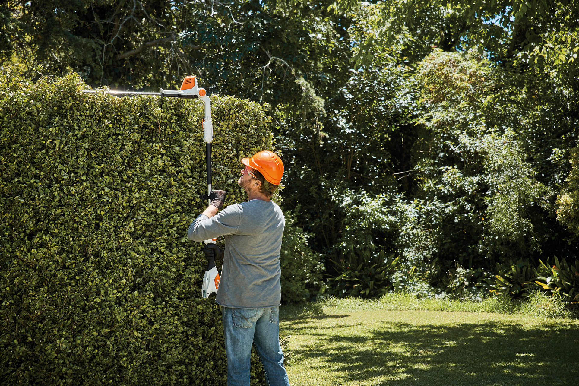 Um homem a cortar a parte superior de uma sebe alta com a podadora de sebes em altura angular a bateria STIHL HLA 56