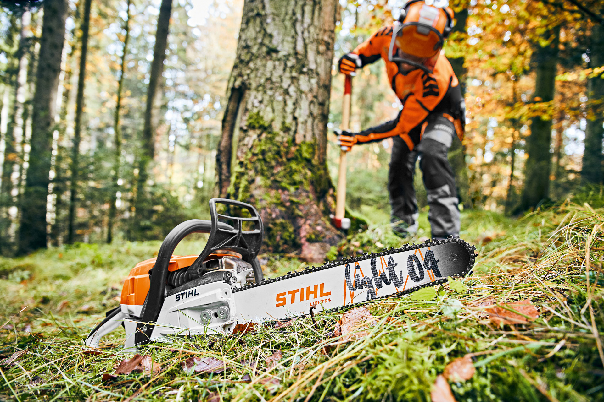 Homem trabalha na floresta, com uma motosserra STIHL MS 261 C-M a gasolina, com guia STIHL Light 04 em primeiro plano