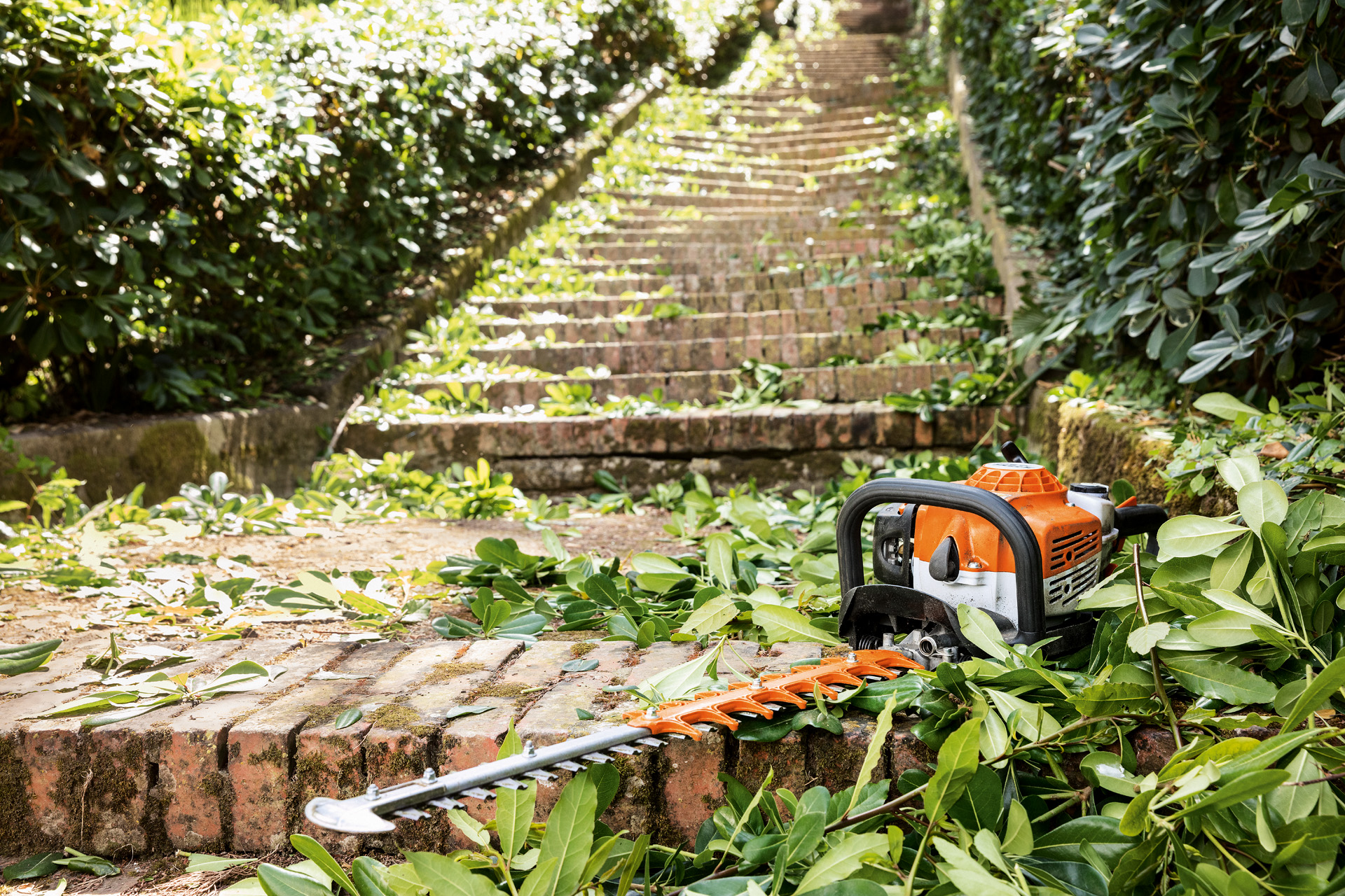 Um corta-sebes a gasolina STIHL HS 82 T num chão de tijolo, rodeado por aparas verdes ao fundo de uma escadaria de pedra