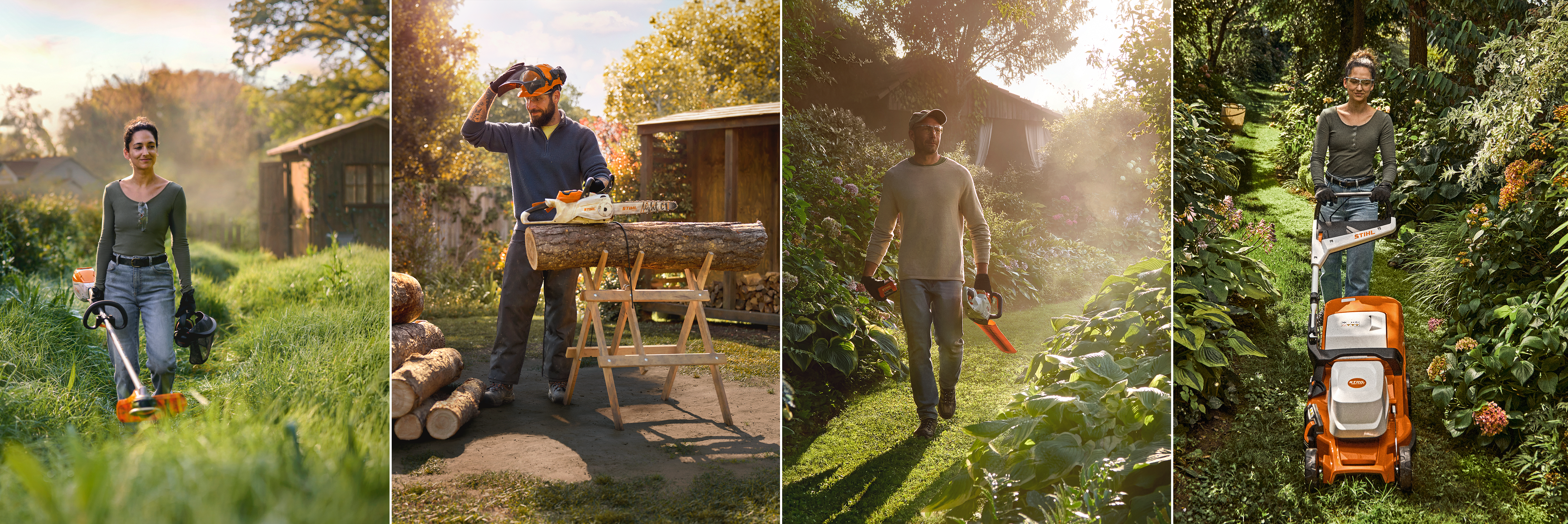 Cuatro imágenes de personas trabajando en el jardín con diferentes máquinas STHL.
