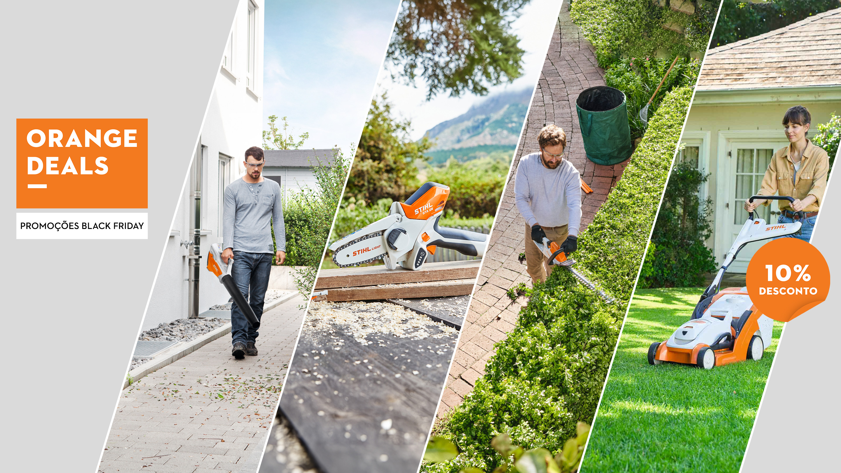 STIHL Orange Deals: Colagem de imagens de aplicação das categorias Sopradores, Máquinas a bateria do sistema AS, Motosserras e Equipamento de proteção individual.