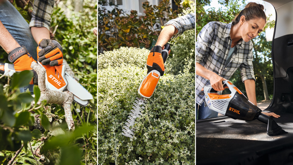 Minipodadora e aparador HSA 26 e minipodadora de corrente GTA 26 com sistema STIHL AS sobre lenha à frente de uma casa