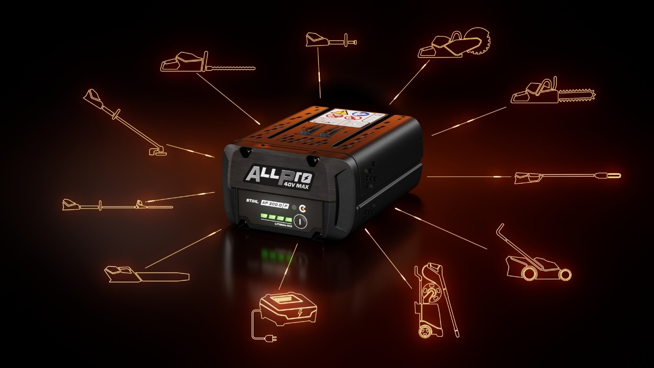 Bateria STIHL ALLPRO AP 300 P C rodeada por vários ícones que representam categorias de produtos compatíveis