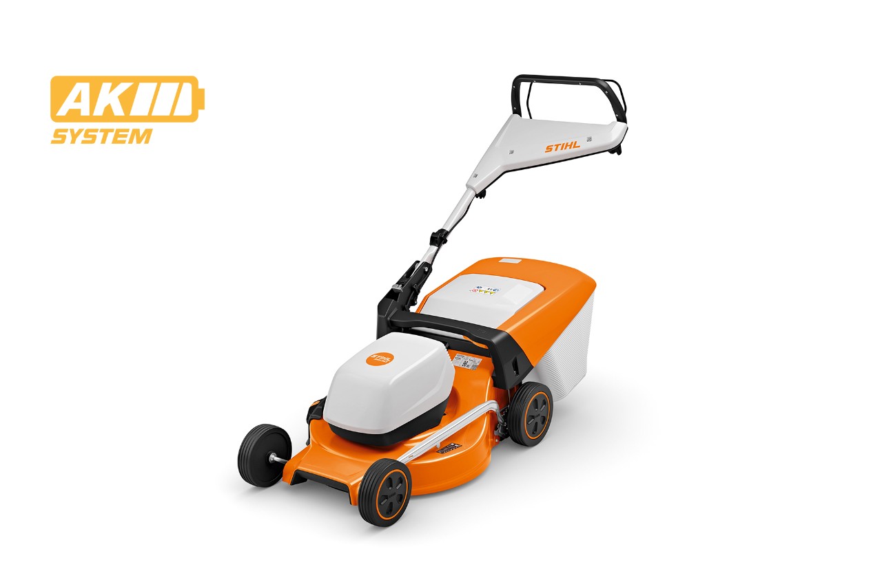 Imagem de produto do corta-relva a bateria STIHL RMA 253, ícone de bateria em cima à esquerda para o sistema STIHL AK 
