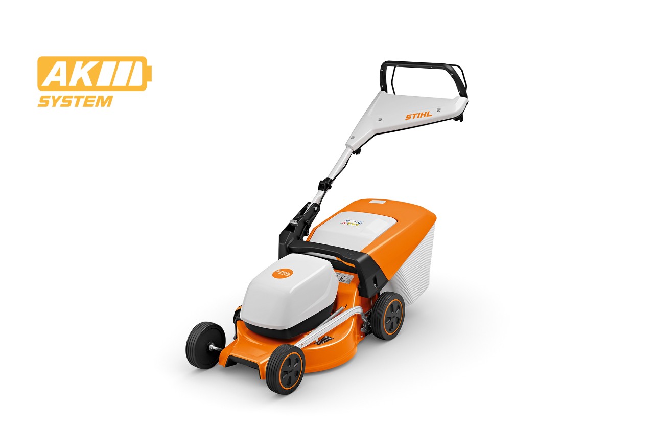 Imagem de produto do corta-relvas a bateria STIHL RMA 248, ícone de bateria em cima à esquerda para o sistema STIHL AK