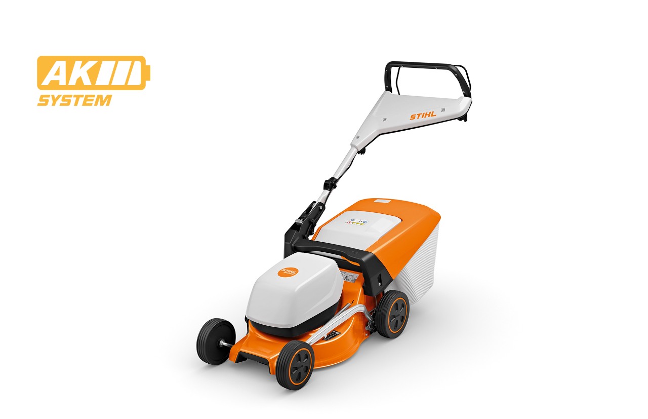 Imagem de produto do corta-relvas a bateria STIHL RMA 243, ícone de bateria em cima à esquerda para o sistema STIHL AK