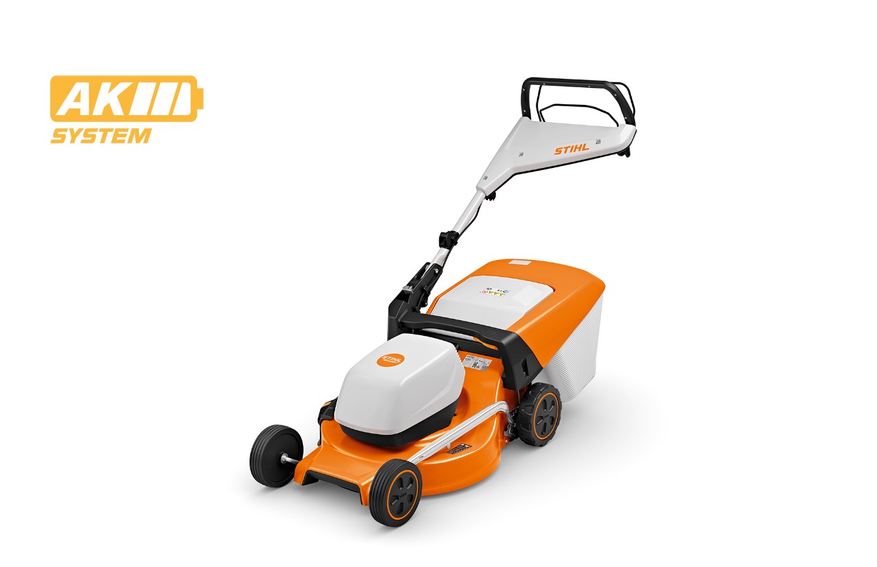 Imagem de produto do corta-relvas a bateria STIHL RMA 253 T, ícone de bateria em cima à esquerda para o sistema STIHL AK 