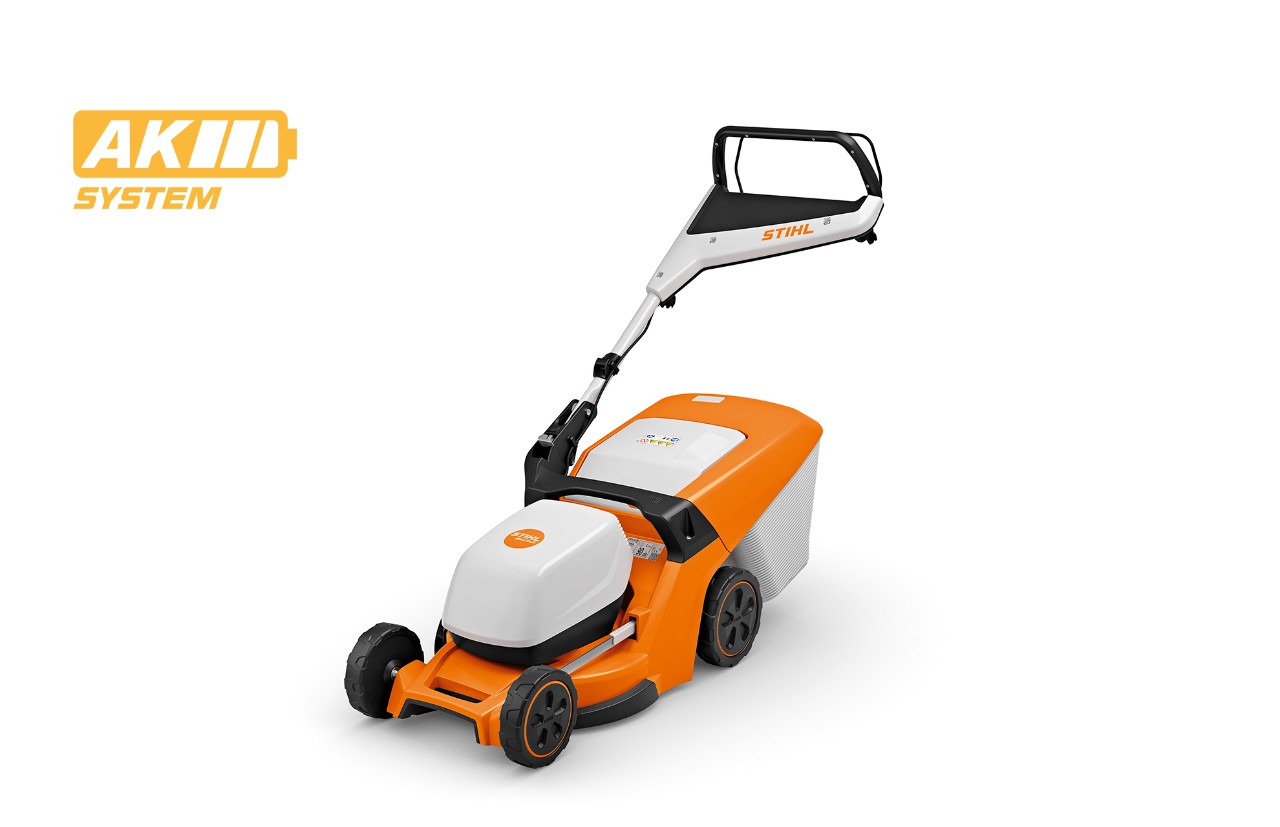 Imagem de produto do corta-relvas a bateria STIHL RMA 443, ícone de bateria em cima à esquerda para o sistema STIHL AK