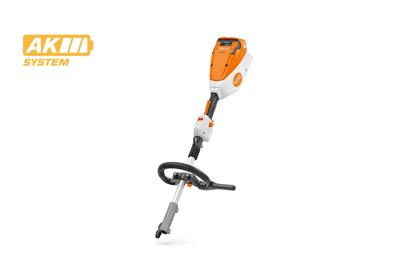 Imagem de produto do motor combinado a bateria STIHL KMA 80 R, ícone de bateria em cima à esquerda para o sistema STIHL AK