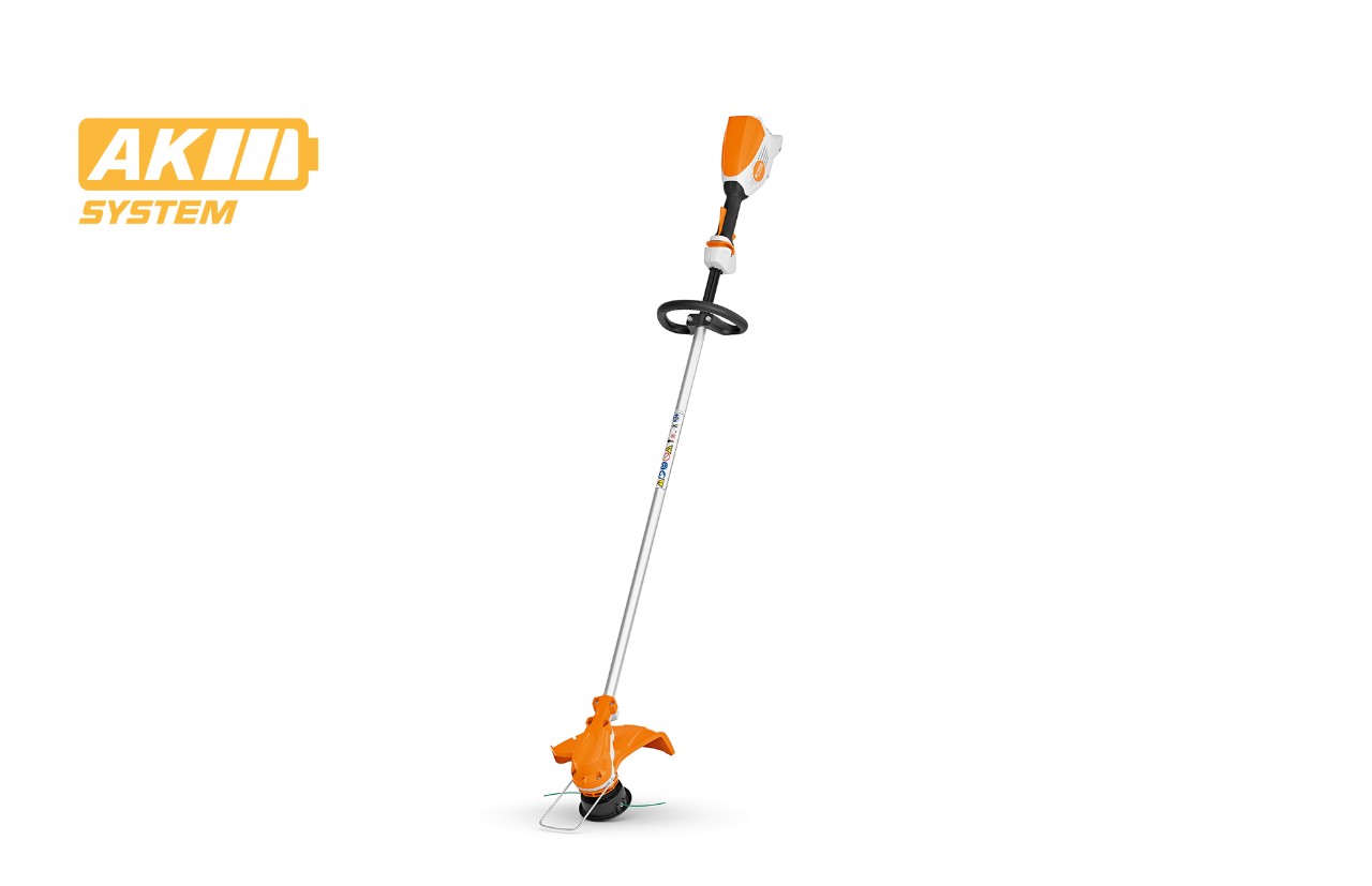 Imagem de produto da aparadora a bateria STIHL FSA 60 R, ícone de bateria em cima à esquerda para o sistema STIHL AK