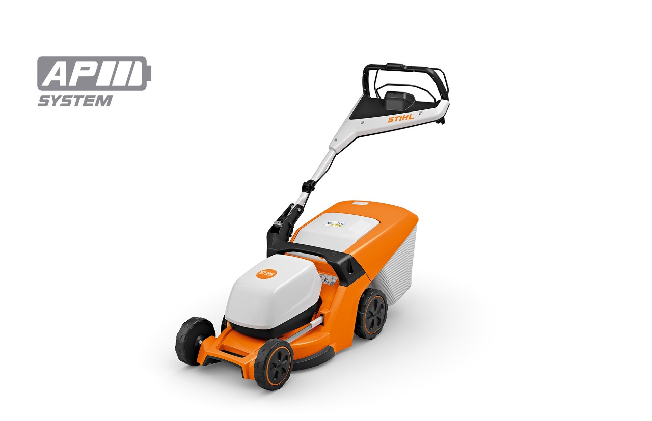 Imagem de produto do corta-relvas a bateria STIHL RMA 443 PV, ícone de bateria em cima à esquerda para o sistema STIHL AP