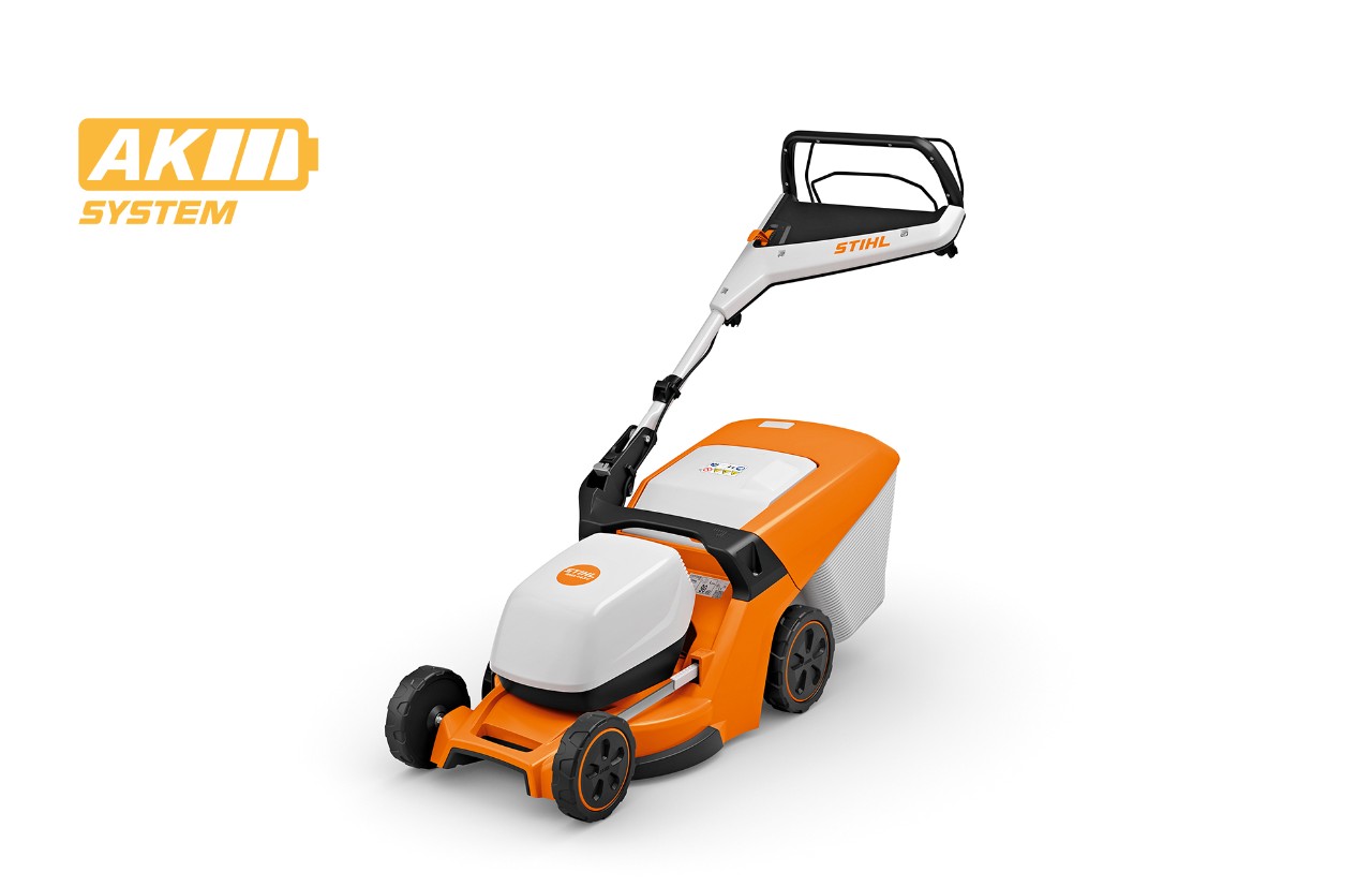 Imagem de produto do corta-relvas a bateria STIHL RMA 443 V, ícone de bateria em cima à esquerda para o sistema STIHL AK