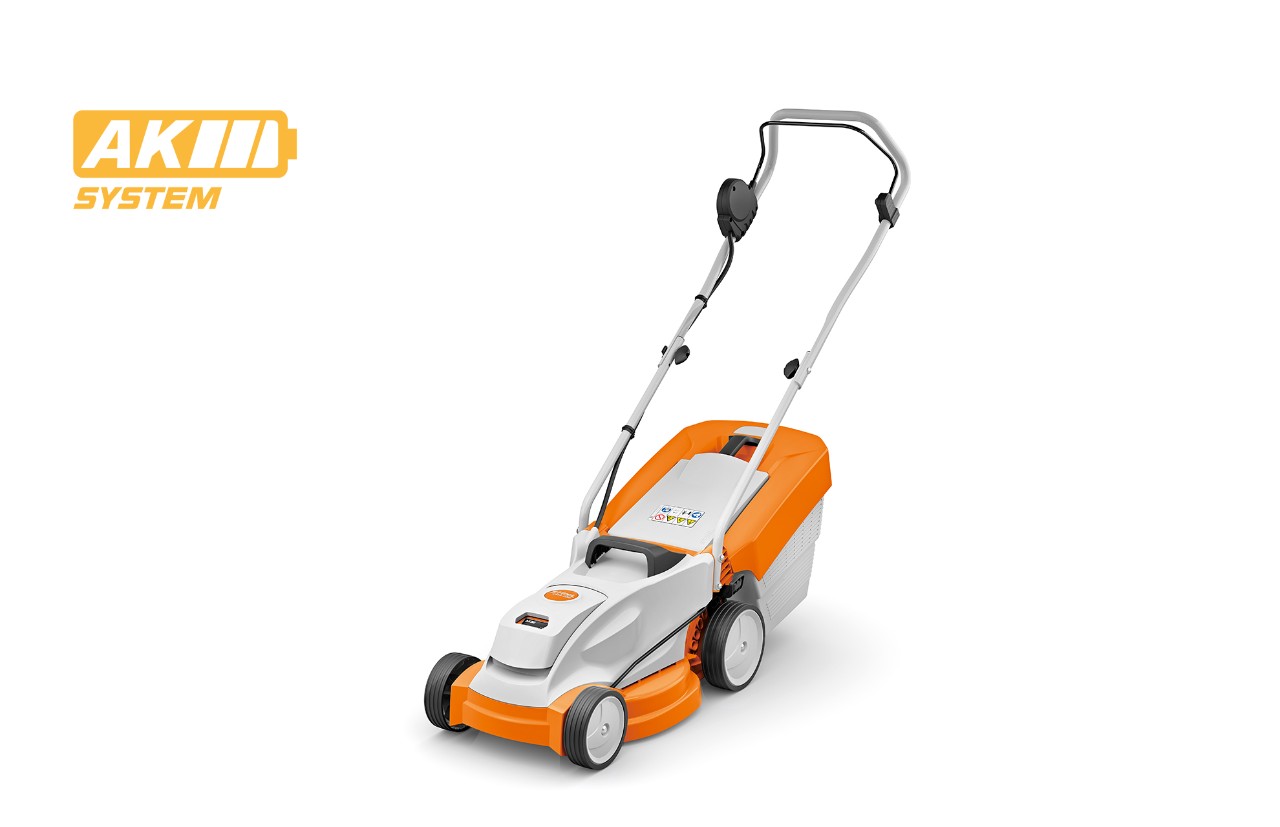 Imagem de produto do corta-relvas a bateria STIHL RMA 235, ícone de bateria em cima à esquerda para o sistema STIHL AK