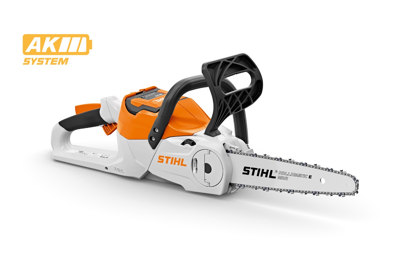 Imagem de produto de uma motosserra a bateria STIHL MSA 70, ícone de bateria em cima à esquerda para o sistema STIHL AK